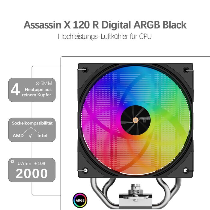 Assassin X 120 ARGB: Кулер для CPU з цифровим дисплеєм, 4 теплові трубки, 120 мм вентилятор, підтримка AM5/AM4, Intel LGA1851/1700, чорний