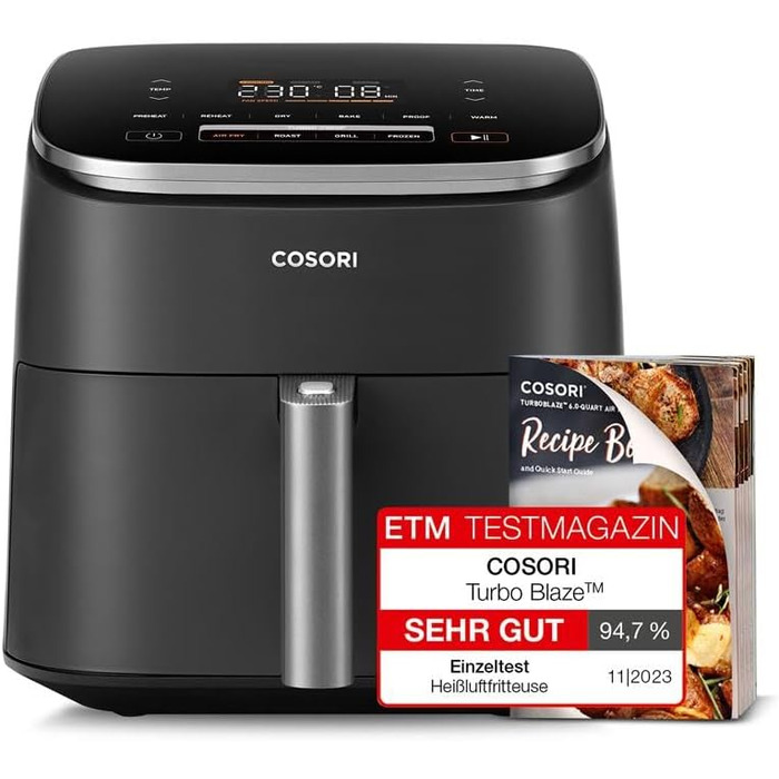 Cosori Turboblaze Air Fryer, 9-in-1 Air Fryer XXL 6L, quiet DC motor with 5 speed settings, grilling, baking, proofing, dehydrating, thawing, 87 recipes, 64% energy saving Turbo Blaze Dark Grey