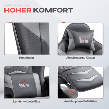 HOMCOM Gaming Chair with Massage Function, Reclining Backrest, Footrest, Supports up to 120 kg, Steel Frame, Faux Leather, Grey