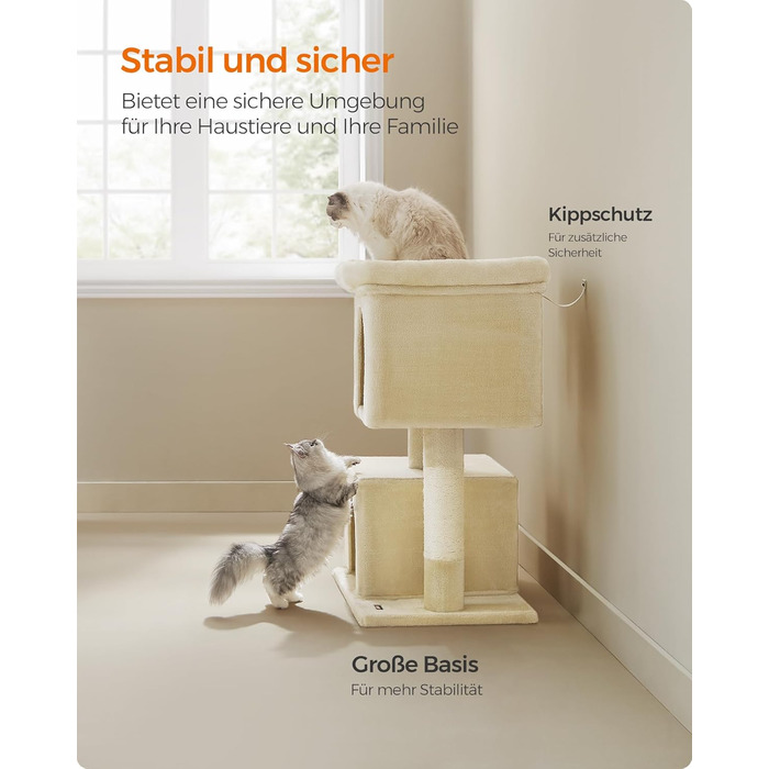 Feandrea Cat Tree, 84 cm Cat Tree, L, Cat House for Large Cats up to 7 kg, Large Platform, 2 Cat Caves, Sisal Posts, PCT61W (XL (68 x 48 x 101 cm), Beige)