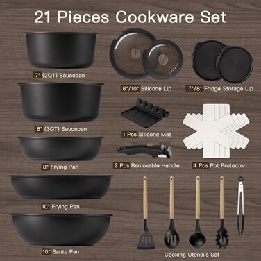 Набір посуду Astercook 21 предмет: каструлі та сковорідки з антипригарним покриттям, керамічний набір, знімні ручки, для дому та кемпінгу, сумісний з індукцією, можна мити в духовці, компактний, стійкий