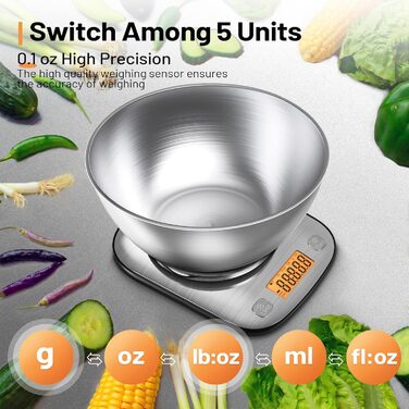 Digital Kitchen Food Scale with Bowl - Stainless Steel, 11lb/0.01oz, IPX6 Waterproof - for Baking, Cooking, Dieting
