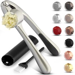 Пресу для часнику Zulay Küche з нержавіючої сталі з м'яким, зручним руків'ям, силіконовим очищувачем та щіткою для чищення - 3 шт. Прес для часнику, кухонний помічник (срібний)