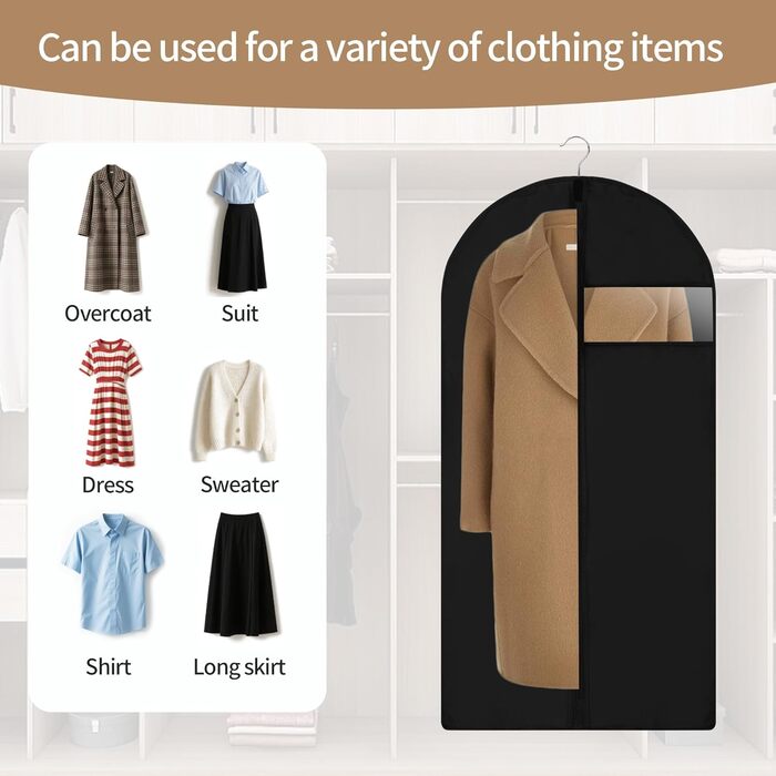 4 місткі мішки для одягу, 120 x 60 см, чорні, з блискавкою, для зберігання одягу та захисту від пилу