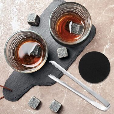 Набір для віскі з каменями, 8 каменів, 2 склянки 200 мл, 2 підставки, дерев'яна коробка, оксамитовий мішечок, пінцет. Подарункова коробка для чоловіків