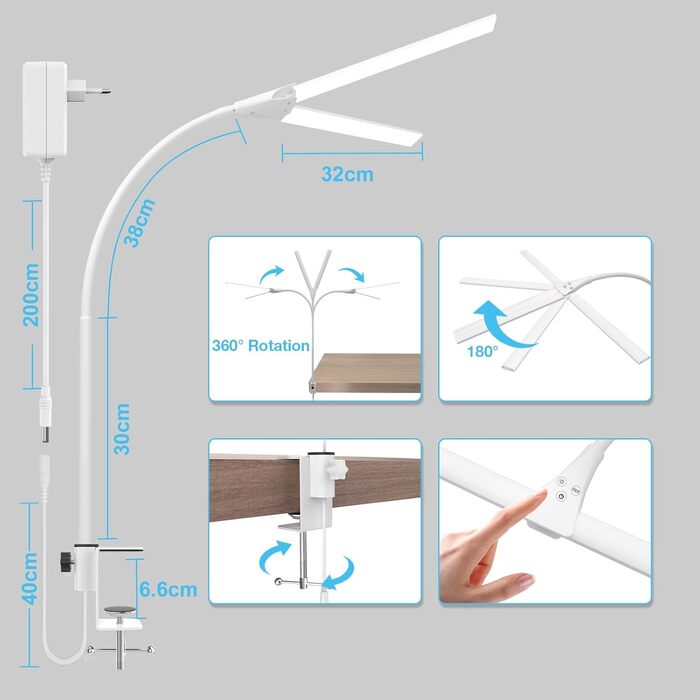 LED лампа настільна для офісу та дому, світло для монітора, 1400 люмен, регульована яскравість, кріплення-прищіпка, світло для робочого місця, гнусий шийка, подвійний насадка, 5 режимів кольору та рівнів яскравості, білий колір, 64 см