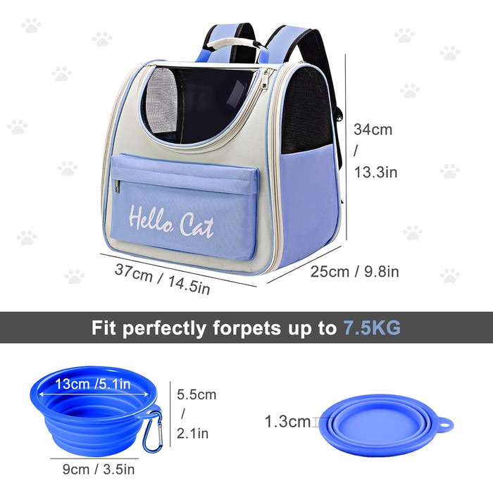 Рюкзак для тварин з сіткою, складаний рюкзак для кота/собаки з мискою для подорожей, водонепроникний оксфорд, до 15 кг, блакитний