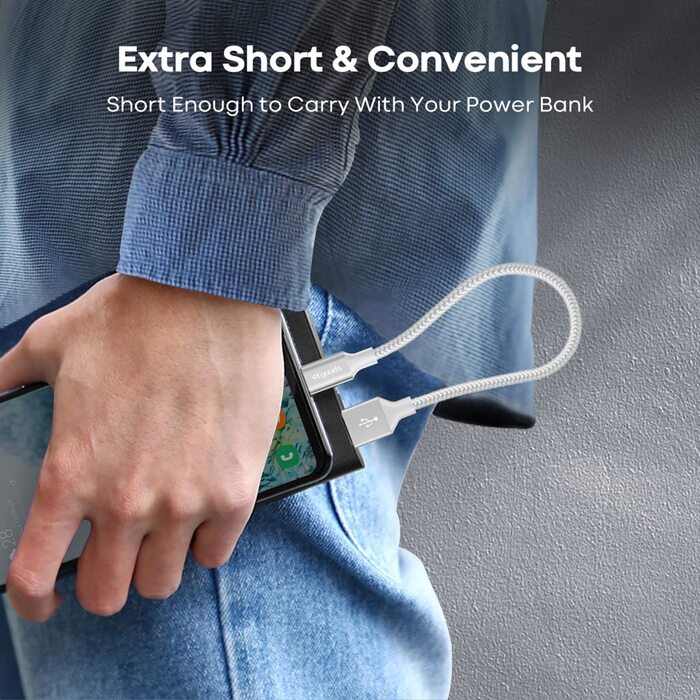 Кабель USB-C на USB-A, 30см, 2 шт., білий. Швидка зарядка, нейлон, для iPhone, Samsung Galaxy