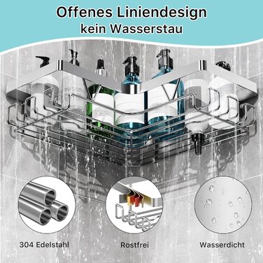 Полиця для душу YIGII без свердління, 3 шт. з нержавіючої сталі, органайзер для ванної кімнати, велика місткість, самоклеюча з мильничкою та 4 гачками, тримач для шампуню, сріблястий (2 шт.)