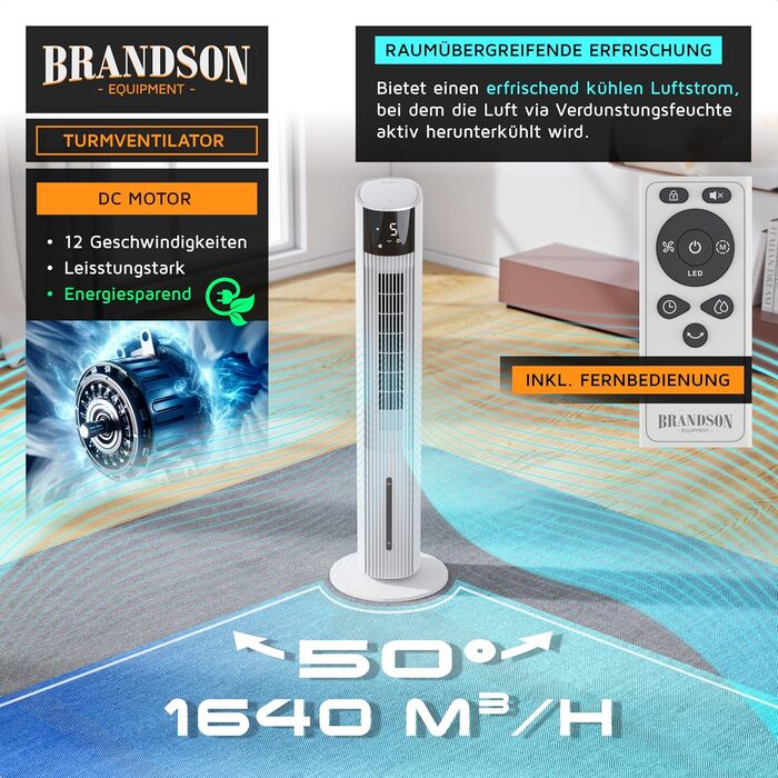 Вентилятор вежний з Wi-Fi та охолодженням Brandson ECO GREEN – розумне охолодження для дому, тихий, з керуванням Alexa, мобільний кондиціонер