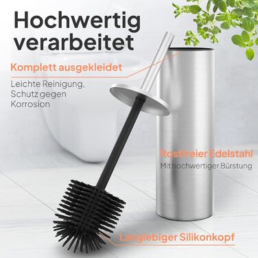 Тойлетний щітка TORBING Design з нержавіючої сталі з закритим тримачем - щітка для унітазу з силікону з ефектом лотоса - сучасний дизайн, елегантні кольори, подовжений ручка (Brushed Steel Silver)