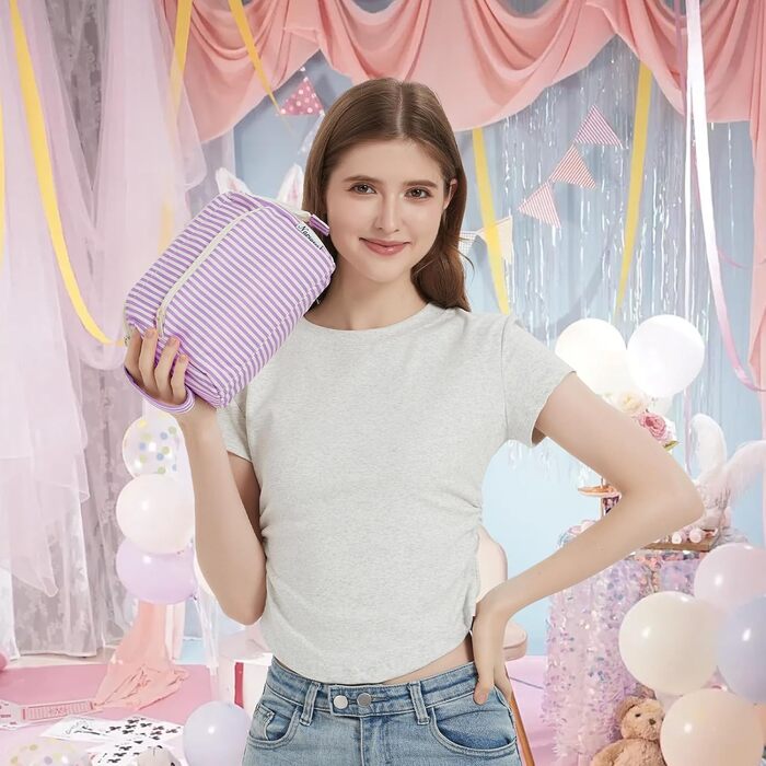 Косметичка жіноча Narwey для подорожей: велика, з широким відкриванням (сіро-блакитний з фіолетовими смужками)