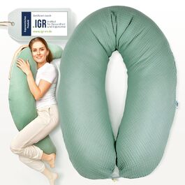 Подушка для годування sei Design XXL 190x30 см з мусліновою наволочкою, ергономічна, для вагітних, для сну на боці, комфортна подушка для дорослих, наволочка з 100% бавовни [органічна бавовна]