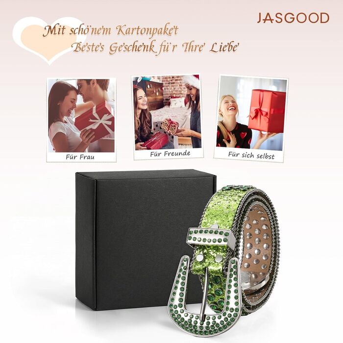 Жіночий шкіряний ремінь JasGood з камінням, стиль вестерн, ковбойський, з заклепками, для джинсів та штанів (Зелений, 135 см, підходить для розміру штанів 111-123 см)