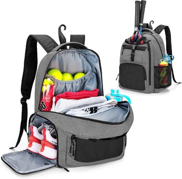 DSLEAF Tennis Bag for 2 Rackets - Backpack with Shoe Compartment - Sports Training Gym Bag for Tennis, Pickleball, Badminton, Squash - Grey