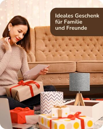 Торшер EDISHINE (2 шт.) з дерева, LED, бежевий абажур з льону, патрон E27, з лампою, вінтажний, для спальні, вітальні, подарунок (сірий)