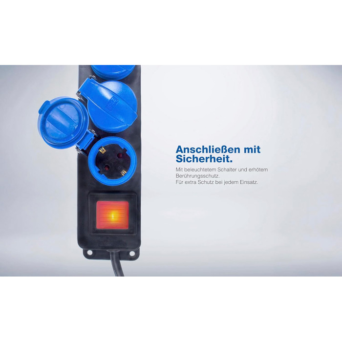 Розподільник розеток Schwabe 3-fach з вимикачем, заземленням, кришкою, 1.5 м, для зовнішнього використання, 230V, 16A, IP44, чорний, синій