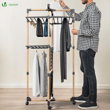 Сушарка для білизни VOUNOT вежа 3-ярусна, складана, на колесах, біла (чорна) - 25м, імітація дерева