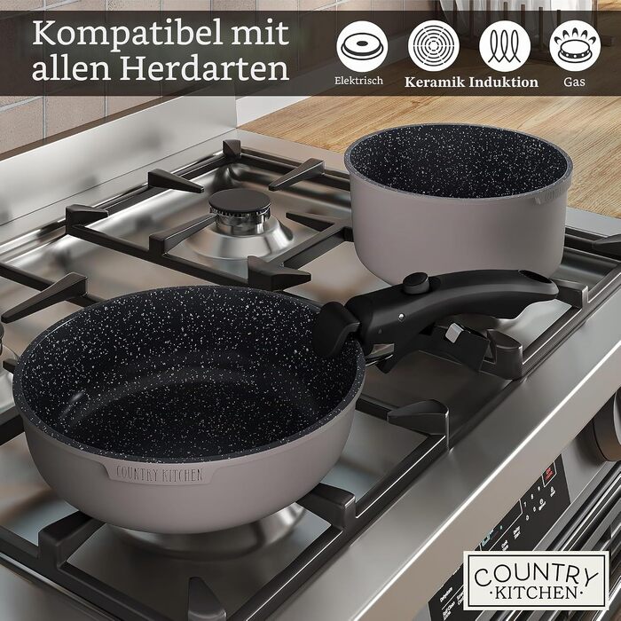Набір посуду Country Kitchen (16 предметів): каструлі та сковороди з антипригарним покриттям, знімні Soft-Touch ручки, для дому та кемпінгу, підходять для духовки, сірий