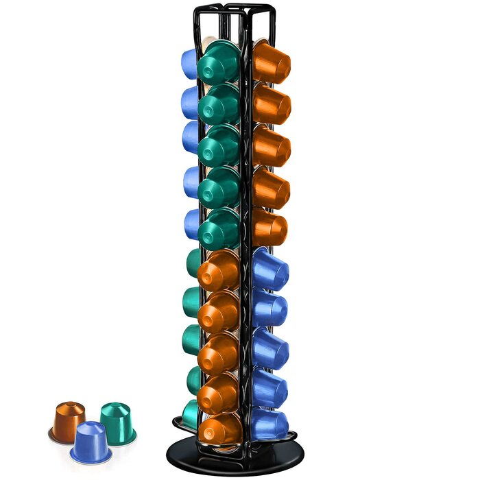 Підставка для капсул кави Frasheng, 40 капсул, чорна, з хромованої сталі, обертається, економія місця