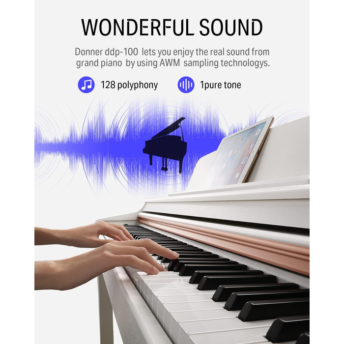 Donner Digitalpiano DDP-100: 88 клавіш, зважена клавіатура, для початківців, комплект з підставкою та адаптером, білий
