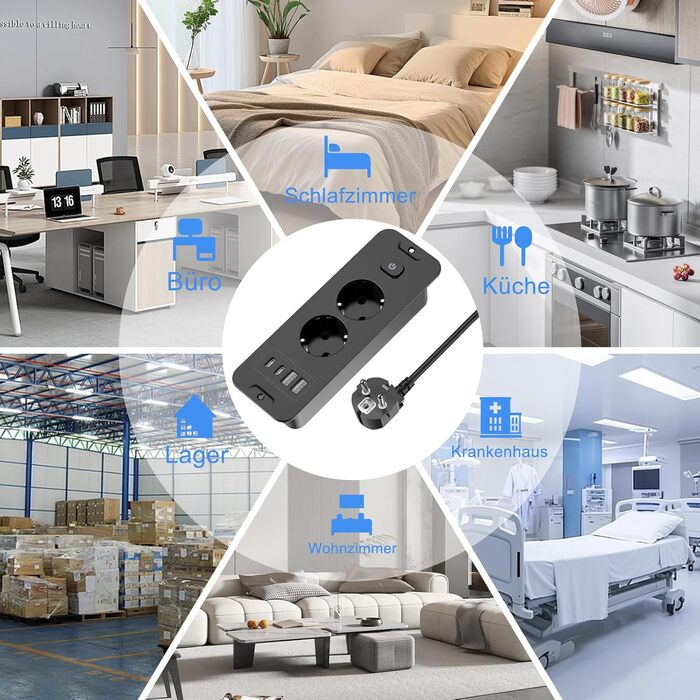 Мережевий адаптер 5-портовий з індивідуальним вимикачем, з 2 USB-A та 2 USB-C, розподільчий блок живлення 5-портовий з вимикачем, мережева стрічка з кріпленням на стіну та 2м кабелем, PD 20W - (2 розетки, 4 USB, чорний)