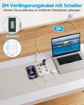 Мережевий фільтр 6-фазовий з USB (3 USB-A, 3 USB-C), з вимикачем та 2м кабелем, захист від перенапруги, чорний (2м білий)