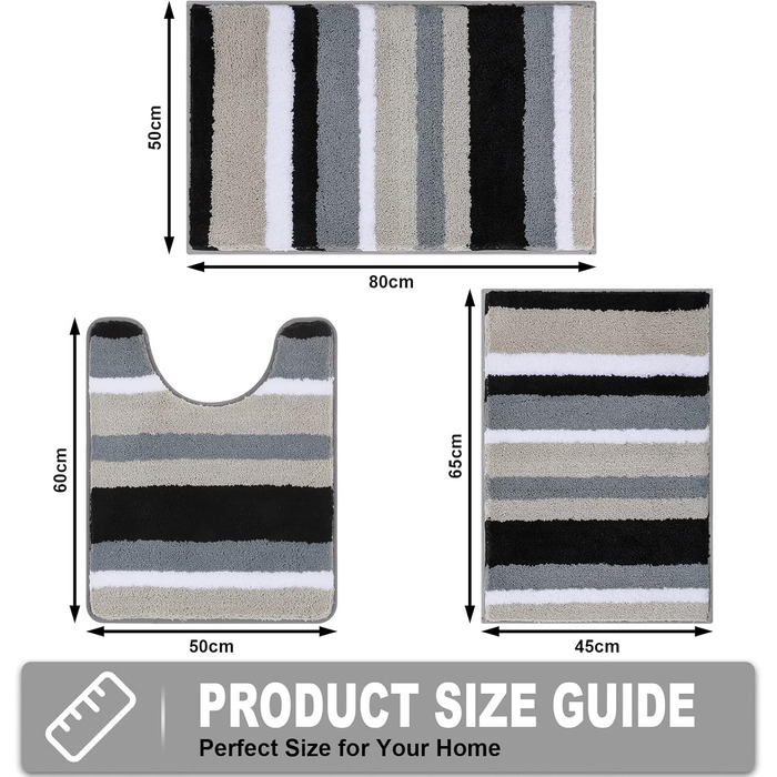 Pauwer Soft Bath Mats & Bath Rugs Set of 3, Microfiber, Non-Slip, Water-Absorbent Bathroom Rugs, Machine Washable, Bath Mat and Toilet Mat for Shower, Bathtub, and Toilet (Black) Black 50 x 80 cm + 45 x 65 cm + 50 x 60 cm