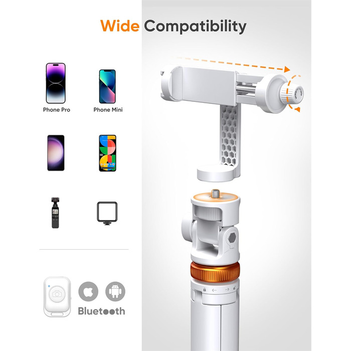 Штатив для смартфона та селфі-стика з пульт дистанційного керування, 158 см, міцна конструкція, регульований, для iPhone/Android (Мінеральний білий)