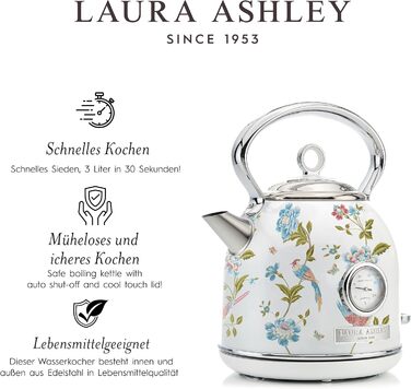 Laura Ashley Elveden Wireless Electric Kettle - 1.7L Stainless Steel, 2.2kW Fast Boil, Temperature Display & Overheat Protection