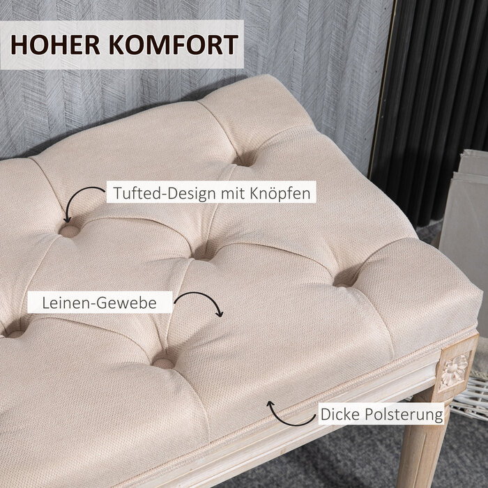 HOMCOM Upholstered Bench Vintage 117x40x48cm Ottoman Bench Bed Bench Bedroom Bench with Buttons Linen Look up to 120kg Beige