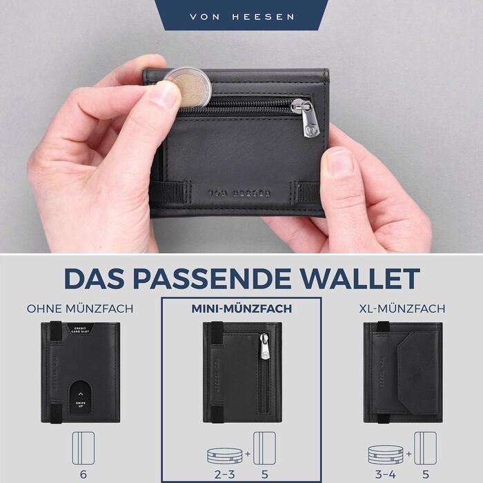 Картхолдер Von Heesen з монетницею RFID захист, шкіряний гаманець для жінок та чоловіків, чорний (Waxy)