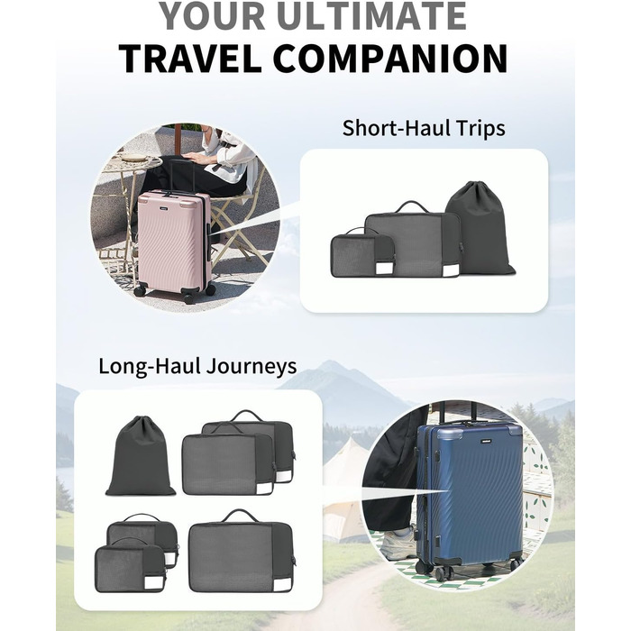 Органайзери для валізи ECOHUB, набір 6 шт. з ID-міткою, екологічні, дихаючі, для подорожей (зелений, темно-сірий)