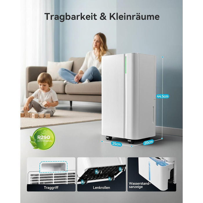 Електричний осушувач повітря EUHOMY 12L/24h - тихий, енергоефективний, з відведенням води, автоматичним розморожуванням, 3 режими, для квартири 25м²/122м³