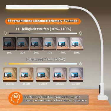 Настільна LED лампа BIENSER на затискачі, архітектурна світильник для офісу та навчання, 1100 Лм, 3 режими світла, 10 рівнів яскравості, функція пам'яті, біла (Schwanenhals Pro)