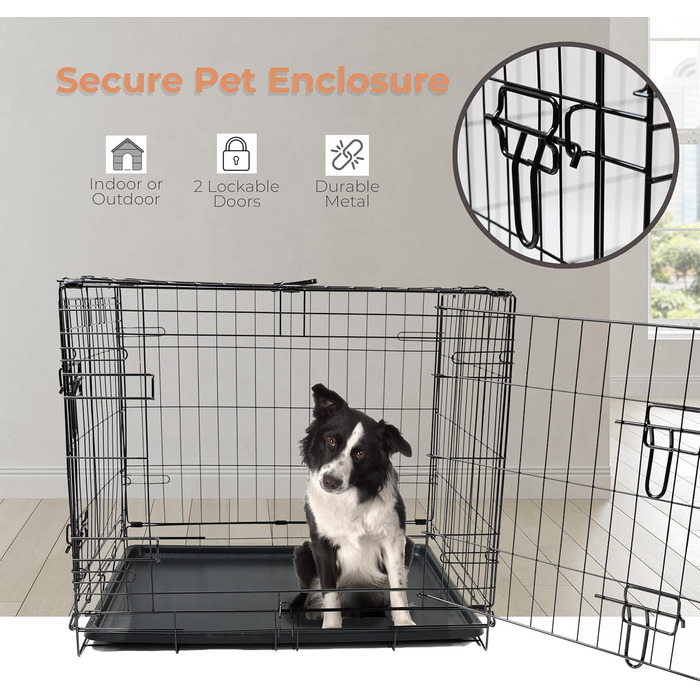 Клітка для собак DIVCHI з піддоном - міцна, складана клітка з двома дверцятами | Легко мити, знімний піддон, будиночок для котів | Чорний (122x76x81cm) (107 x 71 x 76cm)