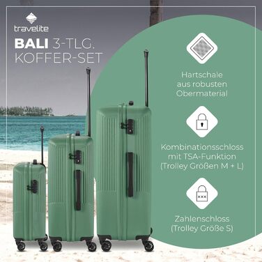 Набір валіз Travelite Bali 3 шт. (L/M/S) з ABS, TSA-замок, зелений. Валізи-тролі з жорстким корпусом