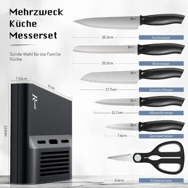 Набір ножів кухарських 7 предметів з бруском, кухонний набір ножів, ніж, ножиці, брусок для нарізки м'яса/овочів/фруктів, для нарізки, кубиків, шинкування (срібний)