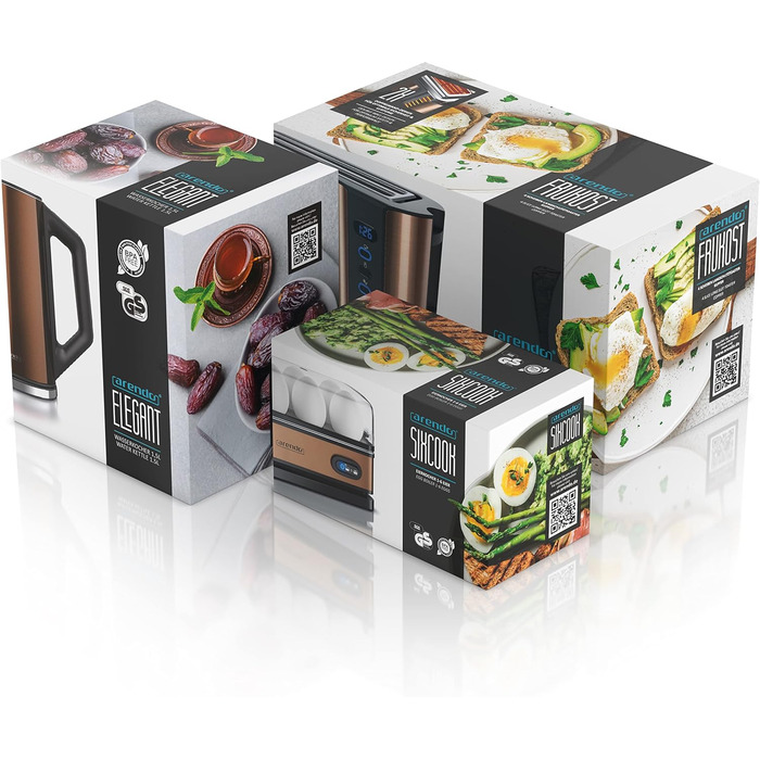 Набір Arendo: чайник, тостер та яйцеварка, нержавіюча сталь, сірий, 1,5л, 40-100°C, 4 тости, LED-дисплей, 6 рівнів підсмажування, для 1-6 яєць