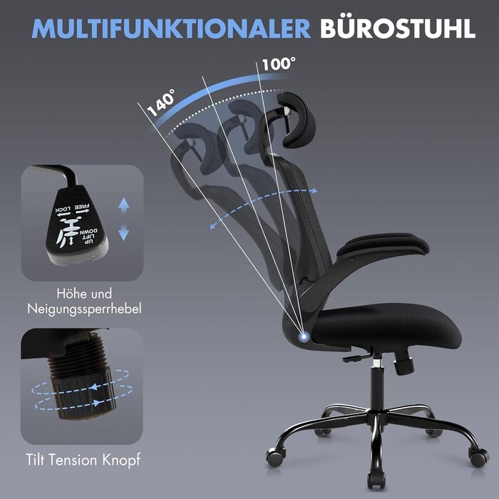 Коламі - ергономічне крісло для офісу з сітчастою спинкою, регульованою підголівником та поперековою підтримкою, підйомними підлокітниками, функцією гойдання та фіксації положення, регульоване по висоті, поворотне, чорне, універсальний розмір