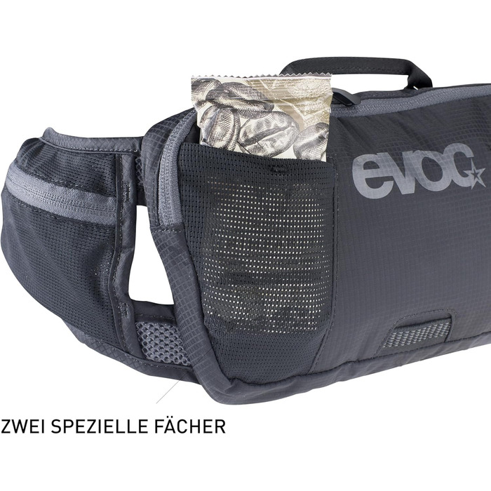 Поясна сумка EVOC HIP Pouch 1 л чорна для велосипедистів, з системою AIR PAD, двома кишенями на поясі і додатковими відділеннями, для велотурів та трейлів