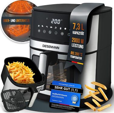 Фритюрниця повітряна DIESEMANN XXL 7.3L – 2000W з 2 нагрівальними елементами (верхній та нижній нагрів), вікно огляду та 8 програмами – для смаження, випікання та грилю без олії