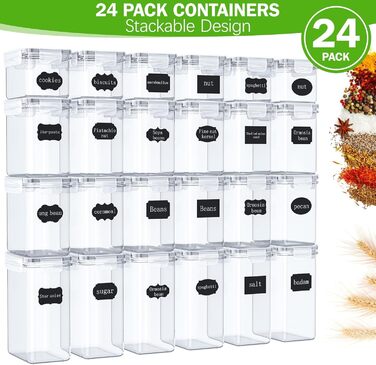 Набір контейнерів для зберігання продуктів – 24 шт. з герметичними кришками, BPA-free, для кухні. Підходять для борошна, цукру, круп та випічки, об'єм 33.6л