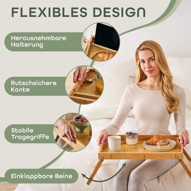Бамбуковий приліжкові столики Blumtal з ніжками для планшетів/телефонів - столики для сніданку в ліжко - складаний приліжкові столики 50 x 30 x 6 см - сервірувальне піднос з ніжками - стабільний приліжкові столики з натурального дерева