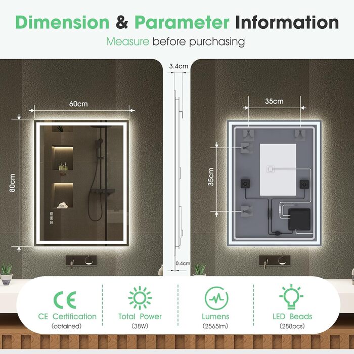 Дзеркало для ванної кімнати зі світлодіодною підсвіткою S'bagno Bluetooth 80x60 см, з підігрівом, регулюванням яскравості, пам'яттю, HD-скло, IP44, горизонтальне/вертикальне встановлення