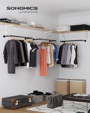 SONGMICS Wall Mounted Clothes Rails, 2 Pack, Coat Rails, Wall Mount, Space-Saving, 92 x 30 x 7.5 cm, Easy Assembly, Industrial Design, for Small Apartments, Black HSR67BK02