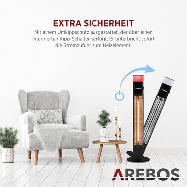 Електричний інфрачервоний обігрівач Arebos 1500W з LED-підсвічуванням та пультом керування | Обігрівач для тераси, вуличний, чорний