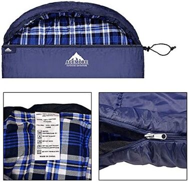 Adult Cotton Flannel Sleeping Bag - Camping, Hiking, Travel - Lightweight 3-4 Season Sleeping Bag (Blue/Blue)
