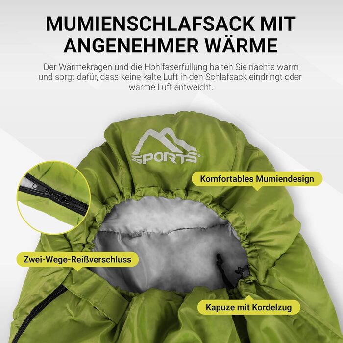 Спальний мішок MSports Premium Outdoor з ременем для перенесення - вибір на весну/літо (200 GSM) або осінь/зима (300 GSM) для кемпінгу, подорожей, фестивалів - теплий мумієподібний спальник оливкового кольору 300 GSM - для осені/зими