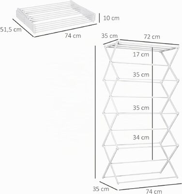 Вертикальна сушарка для білизни HOMCOM складана, 8 ярусів, біла (74 x 35 x 144 см), металева